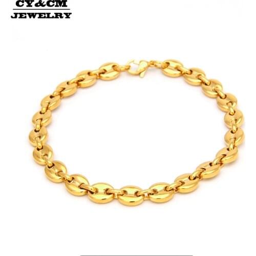 Stainless Steel Coffee Beans Bracelet 7mm 9" Hip hop Style Gold Silver Plated Link Charm Punk Choker Bracelets Jewelry for Mens
