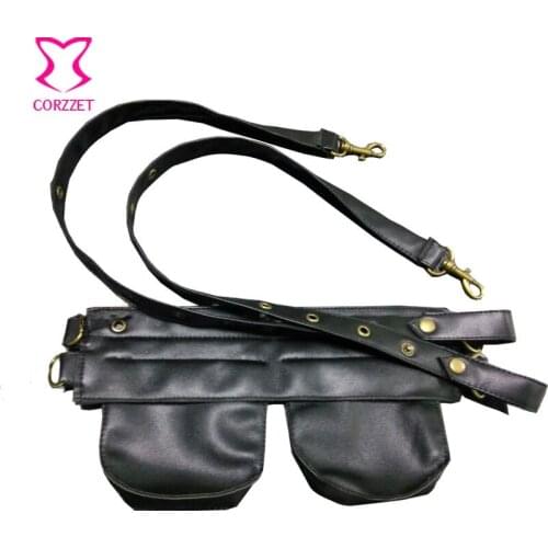 Black Faux Leather Steampunk Pouch Belt Burlesque Corset Costume Accessories Sexy Gothic Pocket Belt Punk Rave Waist Bags