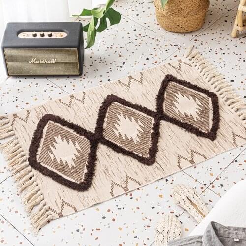 Cotton and Linen Floor Mat Living Room Bedroom Bedside Mat Vintage Family Tassel Rug