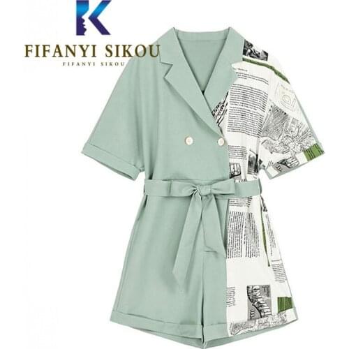 Fashion Patchwork Jumpsuit Women Summer Short Sleeve Lapel High Waist Rompers Female Casual Wide leg Short Pants Print Overalls