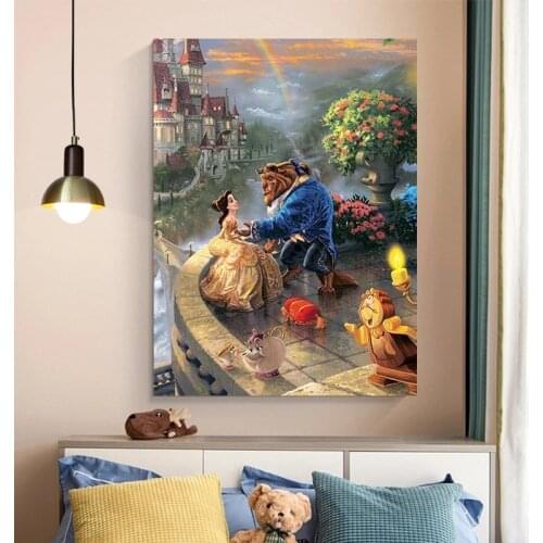 Beauty and the Beast Disney Canvas Paintings Cartoon Watercolor Posters 5D Prints Art Wall Pictures for Kids Gift Room Decor