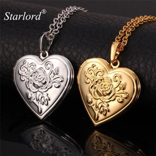 Memory Photo Locket For Women Rose Flower Heart Pendant Gold Color Charms Necklace Jewelry Valentines Day Gift P204