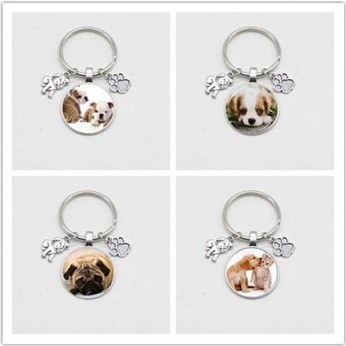 Cute animal keychain glass round dog pendant keychain man girl accessory favorite gift souvenir