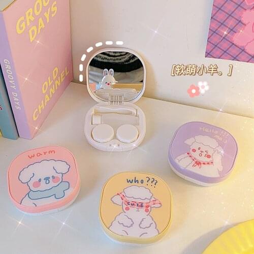 Mini Square Contact Lens Case with Mirror Women Contact Lenses Box Cute Cartoon Lamb Lenses Case Container Travel Kit