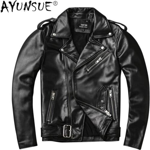 AYUNSUE Mens Genuine Leather Jacket Motorcycle Real Sheepskin Coat Men 5XL Autumn Biker Jacket Short Chaquetas Hombre KJ4116