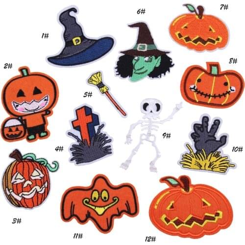 Halloween Pumpkin Embroidery Patches for T-shirt Iron on Skull Stripes Witch Appliques Clothes Stickers Ghost Clothing Badges