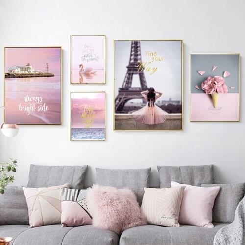 Nordic Paris Street Scenery Wall Art Pink Beach Flower Ice Cream Poster And Print Canvas Painting Living Room Decoration Picture