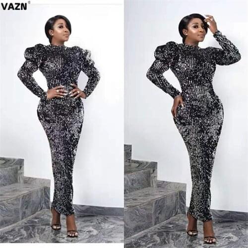 VAZN 2020 Brand Solid Prin Hip Hop New Casual Women Long Dress o-Collar Full Sleeve Long Bodycon Beach Floor Dress Vestido