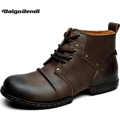 Genuine Leather Mens Western Boots Lace Up Footwear Work Wrinkle Ankle Boots Winter Shoes Round Toe Boots