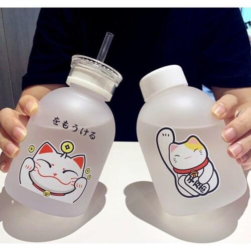 500ml Lucky Cat Plastic Bottle BPA Free Cartoon Transparent/Frosted Water Bottles Leak-proof Drinkware Cute Student Cup