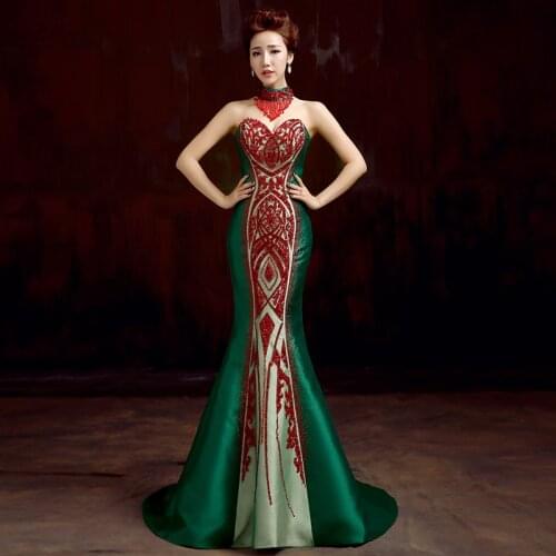 Luxury Trailing Chinese Evening Dress Green Strapless Brocade Cheongsam Sparkle Crystal Rhinestone Strapless Gown Dress