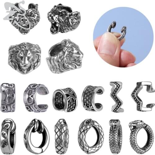 ZS 2Pcs Punk Rock Stainless Steel Cuff Earrings for Men Gothic Tiger Lion Ear Clip Non Pierced Fake Cartilage Earrings Jewelry