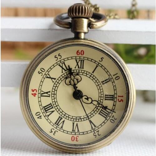 Vintage Bronze yellow literally Roman numerals pendant Fashion quartz large size Necklace pocket watches