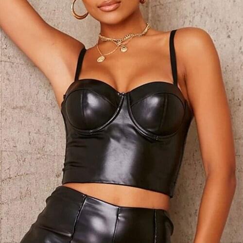 Womans Sexy Solid Color PU Leather Sling Vest V-neck Backless Slim Waistcoat Daily Life