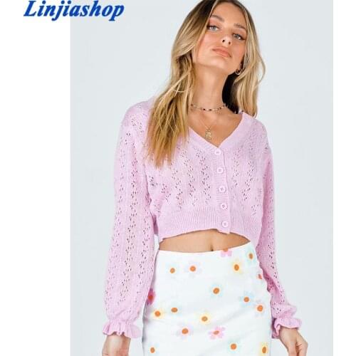 Fashion spring autumn hollow out za women sweater cardigan ladies sweet pink v neck sweaters femme casual knit sweaters