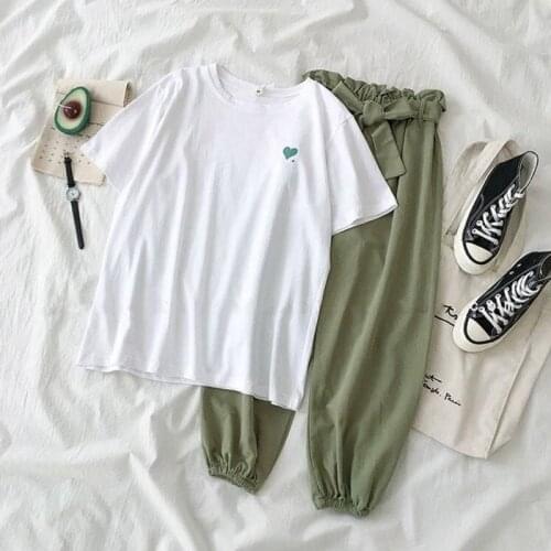 2019 Hot Selling Women Summer Loose Simple Love Print T-Shirt Top And High Wais Pants Set Two-Piece Suit Casual Set