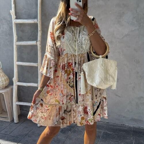 Summer 3/4 sleeve floral printed hem ruffle swing dress 2021 pink green floral knee-length dress 2021 boho hippie vestidos