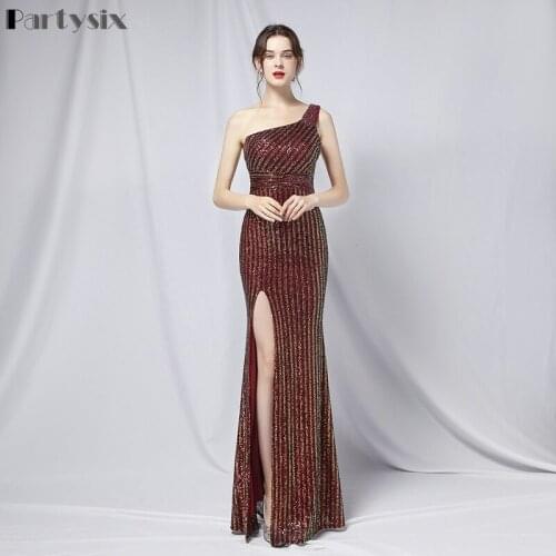 Partysix 2021 Women Irregular Neck One Shoulder Evening Party Dress Elegant Sequin Backless Female Maxi Long Dress White