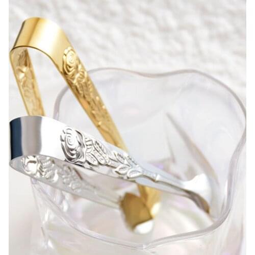 1Pcs Stainless Steel Ice Cube Clips Sugar Tongs Foods Clips Kitchen Serving Tong Embossed Rose Ice Cube Clamp 3 orders