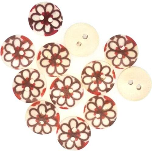50PCs Wooden Sewing Buttons Scrapbooking Round Two Holes Flower Pattern 15mm Dia. Costura Botones Decorate bottoni botoes B20068