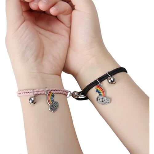 2pcs/pair Magnet Attract Couple Bracelet Rainbow Bell Pendant Friendship Jewelry Adjustable Braided Rope Bangle for Women Men