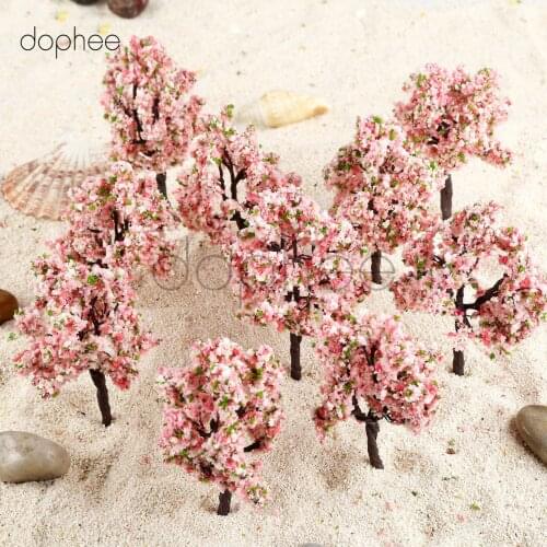 Dophee 10pcs model tree with pink flowers 11cm Trees Landscape OO HO Scale for Railroad Scenery scale mini Garden decoration