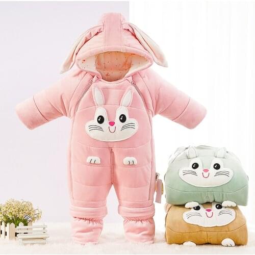 Thick Warm Baby Onesies Winter Hooded Toddler Boy Rompers Cartoon Kids Girl Overalls Clothes Fleece One Piece Children Snowsuits