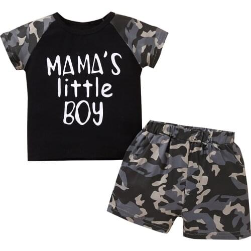 2Pcs Fashion New Kids Baby Boys Clothing Set Summer Short Sleeve Camouflage Letter Print Pullover Sports Side Pocket Pants Suit