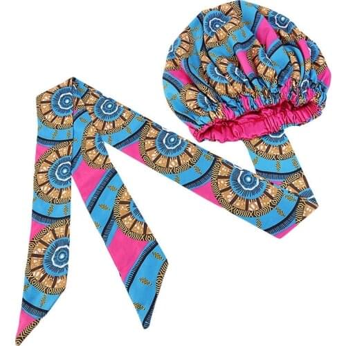 New African Satin Printed Wrapped Bonnet Round Hat Double Turban Ribbon Hair Cap Muslim Coloring Styling Large Size Haircaring