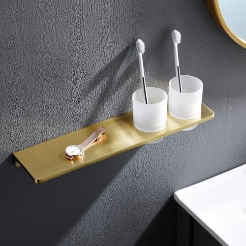 Brass Brushed Gold Bathroom Shelf Soap Cosmetic Shampoo Shower With Toothbrush Cup Storage Organizer Rack/Holder Wall Mounted
