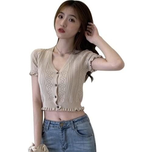 Summer Women V-neck Button Hollow Ruffled Short Section Exposed Navel Shirt Knitted Short-sleeved T-shirt