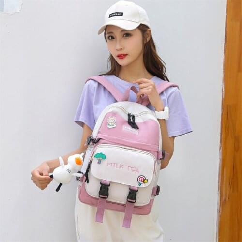 Japanese Cute Fashion Womens Backpack Badge Pin Contrast Color Schoolbag For Girls Large Capacity Waterproof Travel Backpacks
