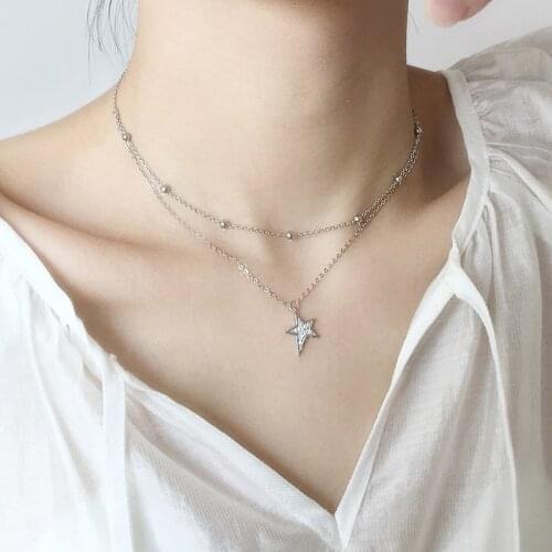Trendy Double Layer Beads Star Short Clavicle Necklaces for Women Girl 925 sterling silver Shiny Zircon Choker Necklace