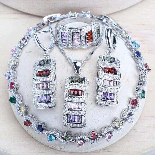 Silver 925 Jewelry Sets Women Bridal Costume Zirconia Jewellery Color Stone Wedding Earrings Rings Pendant Bracelets Necklace