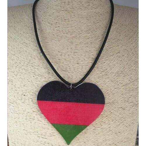 Newest Rasta Black Red Green Heart Wooden Pendant Necklace