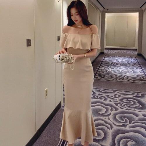 New arrival fashion korean spring midi party beach dress women OL temperament elegant holiday off-shoulder mermaid slim dress