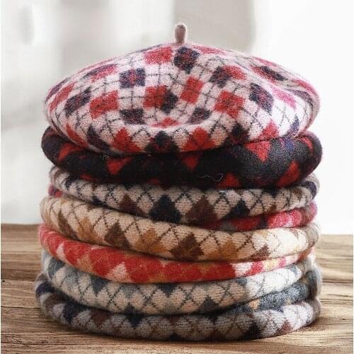 New Ladies Girl Beret Artist Warm Wool Octagonal Flat Cap Autumn Winter Beanie Hat Cap Vintage Beret Hats Plaid Cap Hat Woman