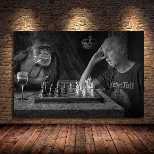 Monkey Playing Chess Creative Art Paintings Print Oil Canvas Wall Art Posters and Prints Black And White Animal Picture Unframed