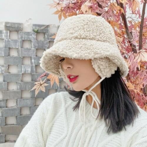 New Winter Hats Women Thick Bucket Hats with Earmuffs Solid Color Lamb Wool Bucket Hat Warm Panama Hats Caps Outdoor Vacation