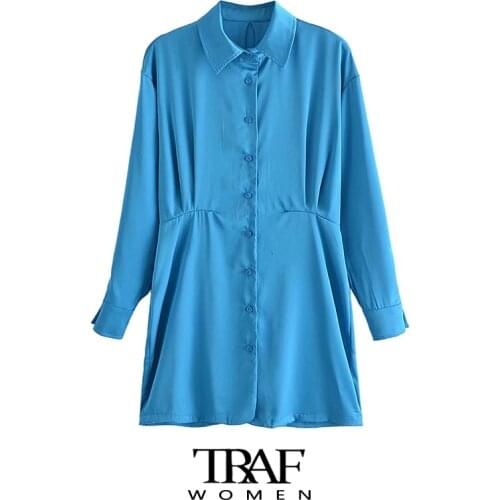 TRAF Za Women Fashion Pleated Soft Touch Fitted Mini Shirt Dress Vintage Long Sleeve Button-up Female Dresses Vestidos