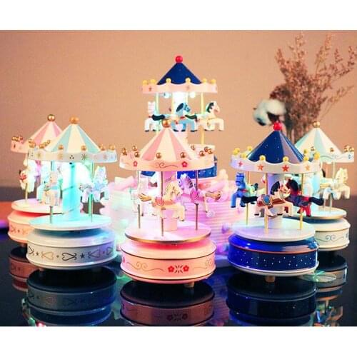 Christmas Carousel music box Wood Craft Ornaments LED color light clockwork Wooden music box girlfriend birthday gift home decor