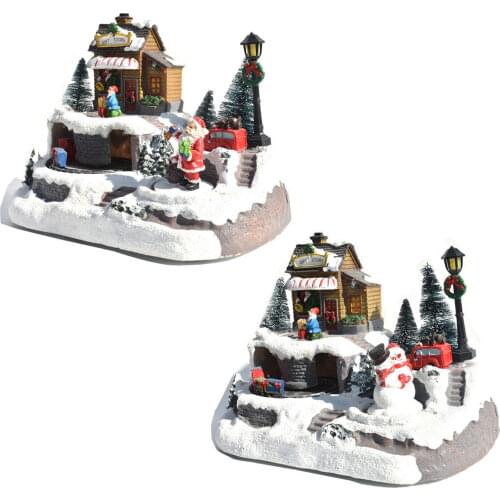 Behogar Christmas Decorations Resin Christmas Scene House with Led Light Music Desktop Decoration Xmas New Year Gift for Kids