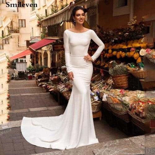 Smileven Mermaid Wedding Dresses Satin Long Sleeve Boho Satin Bride Dress 2020 With Romantic Buttons Vestido De Noiva