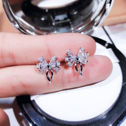 Ballet Bowknot 925 Sterling Silver Earrings Women Girls Minimalist AAA Zircon Fashion Ear Stud Personality Sweet Party Jewelry