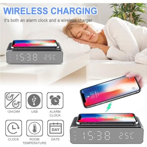 New LED Electric Alarm Clock With Phone Charger Wireless Desktop Digital Thermometer Clock HD Clock Mirror With Time Memory