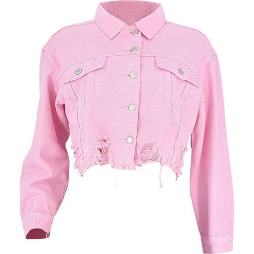 Loose Womens Street Pop Short Pink Denim Jacket Spring and Autumn High Waist Girls Cute Solid Distressed Ripped Jacket