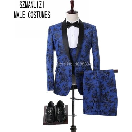 SZ Elegant Men Suits 2018 Custom Made Real Blue And Black Floral Blazer Slim Fit Prom Suits Men Groom Wedding Suits Male Tuxedos