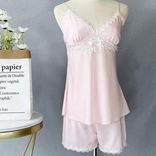 Rayon Women Sleepwear Sexy Pajamas Suit 2PCS Cami&Shorts V-Neck Sleep Tops Home Cothes With Cheast Pads Satin Lingerie Nightwear