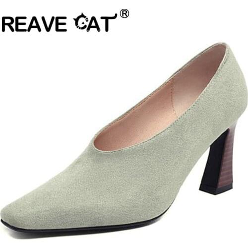 REAVE CAT New 2021 Women Pumps Square Toe 7.5cm Block Heels Flock Slip-On Classic Concise Soft Big Size 48 Casual Office A3826