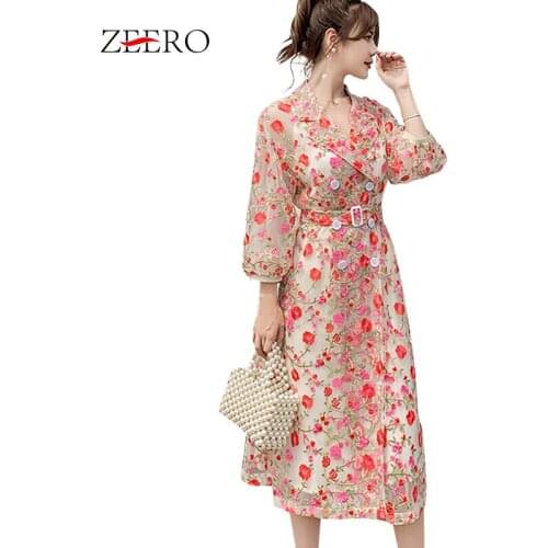 Women Runway Gauze Flower Embroidery Trench Coat Double-breasted Notched Lantern Sleeve Belt Mesh Pink Long Coat Outerwear 2019